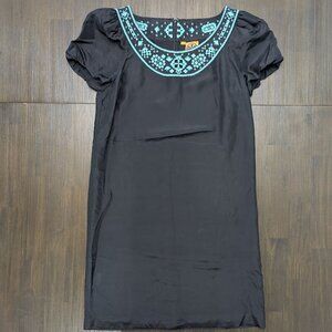 Tory Burch | Black Silk Dress w/ Turquoise Embroidery | 100% Silk | Size 4